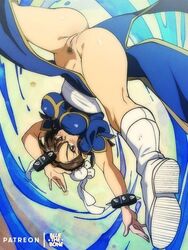 1girls alternate_version_available bluethebone bottomless breasts brown_eyes brown_hair chun-li female female_only looking_at_viewer nude open_mouth pubic_hair pussy retro_artstyle solo street_fighter upside-down rating:Explicit score:107 user:McAltAccount