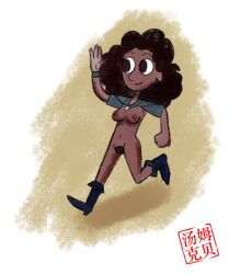  artist_logo boots brown_hair_female brown_pubic_hair cartoon character dark-skinned_female exposed_clothing functionally_nude_female mantle nude nude_female nudism nudist original pubic_hair thenudehuemuse transparent_background waving wristband  rating:explicit score: user:bot