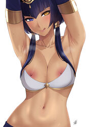 armpits arms_up belly_button blue_eyes blue_hair blush bra candace_(genshin_impact) dark-skinned_female dark_skin egyptian egyptian_clothes egyptian_female egyptian_headdress female female_only genshin_impact heterochromia hi_res licking_lips middle_eastern middle_eastern_female midriff navel nipple_slip nipples north_african north_african_female olive_skin olive_skinned_female sweat sweating sweaty twintails upper_body xtermination yellow_eyes rating:Questionable score:213 user:Monalicious