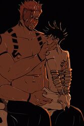 2boys abs animal_skull back black_hair black_nails bound bound_arms chest_tattoo dress facial_tattoo frown fushiguro_megumi gay green_eyes hand_on_another's_cheek jujutsu_kaisen large_pectorals looking_at_another male male/male male_focus male_only multi_arm multi_eye multi_limb multiple_boys muscular muscular_male nail_polish nipples own_hands_together pectorals pink_hair red_eyes ryoumen_sukuna_(jujutsu_kaisen) short_hair shoulder_tattoo sitting sitting_on_lap sitting_on_person size_difference spiked_hair sserupiko tattoo tongue tongue_out topless_male twink undressing_another white_dress yaoi rating:Questionable score:36 user:Kisumi