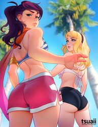 2d 2d_(artwork) 2girls ass ass_cheeks back back_view bare_arms bare_back bare_shoulders bare_thighs bikini_top blonde_female blonde_hair blue_eyes booty_shorts clothed clothed_female female female_focus female_only fiora_laurent hi_res highres league_of_legends long_hair looking_at_another looking_at_viewer looking_back luxanna_crownguard ponytail pool_party_fiora pool_party_series purple_hair riot_games shorts thick thick_ass tied_hair tsuaii rating:Questionable score:402 user:xplosive93