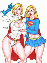 2022 2girls alternate_universe belt big_breasts blonde_hair blue_eyes blue_gloves blue_miniskirt blue_skirt boob_window breasts carlos_braga crop_top dc dc_comics ed_benes_studio female female_only justice_league kara_danvers kara_zor-el light-skinned_female long_hair long_sleeves looking_at_viewer midriff miniskirt peace_sign pleated_skirt power_girl red_belt red_cape red_lipstick short_hair skirt supergirl superheroine superman_(series) tagme thong_leotard white_leotard yellow_belt rating:Explicit score:55 user:Dragon98