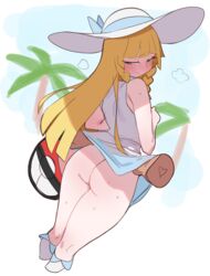 1girls ass blonde_hair blush bottomless bottomless_skirt butt_crack disembodied_hand embarrassed female female_focus female_only game_freak green_eyes hat lightsource lillie_(pokemon) long_hair looking_back nintendo no_panties no_panties_under_skirt pokemon pokemon_(game) pokemon_sm skirt_lift solo solo_female solo_focus sweat thick_thighs thighs upskirt rating:Explicit score:590 user:Thebuki