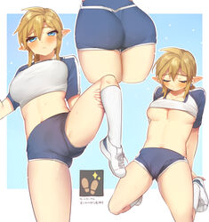 ass blonde_hair blue_eyes blue_shirt blue_shorts breasts crop_top crop_top_lift earrings female genderswap_(mtf) hand_on_leg large_breasts link midriff navel nintendo rule_63 running_shoes short_hair shorts socks sportswear standing_on_one_leg sweat sweating the_legend_of_zelda ttanuu. rating:Explicit score:206 user:gusat