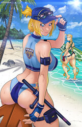 2girls ass back_view baton beach big_ass blonde_hair blue_eyes braid braided_ponytail cammy_white cap capcom darkereve female female_only fingerless_gloves hi_res looking_at_viewer looking_back lucia_morgan nightstick seaside short_ponytail smiling smiling_at_viewer street_fighter sunglasses sunglasses_on_hat surfboard swimsuit swimwear very_long_hair rating:Questionable score:156 user:!nner$elf89