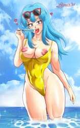 1girls beach blue_eyes blue_hair busty dragon_ball dragon_ball_z female female_only francis_slv ice_cream large_areolae large_breasts looking_at_viewer maron open_mouth pink_nipples solo solo_female swimsuit swimwear toned_legs tongue tongue_out rating:Explicit score:101 user:Duncan33303