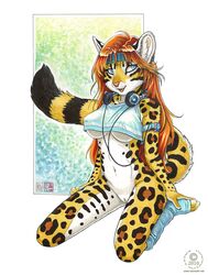 2010 anthro armband black_fur blue_eyes bottomless breasts brown_fur clothes feline female female_only fur furry_breasts furry_ears furry_tail hair headband headphones ipod kacey leg_warmers leopard long_hair looking_aside mp3_player navel ocelot open_eyes open_mouth orange_hair pink_nose pussy sitting skimpy_clothes smile solo striped_tail tail underboob yellow_fur rating:Explicit score:40 user:bot