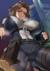 brown_hair brown_skin eye_patch eyepatch eyewear harunori_oogami heroes_(xenoblade_3) huge_breasts large_breasts looking_down miga2580 milf monica_vandham muscular muscular_female muscular_legs muscular_thighs shield sweat tight_clothing xenoblade_(series) xenoblade_chronicles_3 rating:Explicit score:132 user:TheOmegaAnon