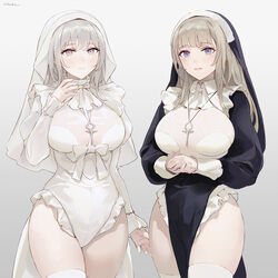 2girls bangs big_breasts black_dress black_headwear blouse blue_eyes blush breasts chowbie cross_necklace dress female female_only frills gradient_background grey_background grey_hair highres large_breasts leotard lingerie long_hair long_sleeves looking_at_viewer necklace nun original own_hands_together purple_eyes see-through shirt simple_background smile stockings thighhighs thighs white_headwear white_leotard white_thighhighs rating:Questionable score:181 user:AutumnAlex