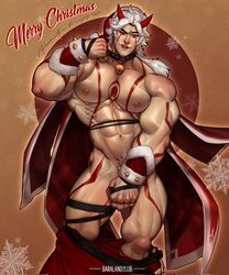 1boy 2lubkhland abs arataki_itto arm_guards bara bell_collar biceps big_biceps big_pecs big_thighs broad_shoulders christmas_outfit collar covering_crotch demon genshin_impact japanese_mythology long_hair long_hair_male male male_focus male_only muscle muscles muscular muscular_arms muscular_ass muscular_back muscular_legs muscular_male muscular_thighs mythology nipples oni oni_horns pecs red_eyes small_waist solo spiked_collar tattoos veins white_hair rating:Explicit score:57 user:shadac