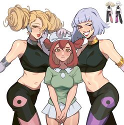 2022 3girls absurd_res annie_(pokemon) armpits bare_arms bare_shoulders beret bianca_(pokemon_heroes) blonde_hair blue_eyeshadow blue_hair blush breasts brown_eyes brown_hair clothed clothing crop_top drill_hair elbow_gloves embarrassed eyeshadow fangs female female_only girl_sandwich gloves grin hair_between_eyes hair_over_one_eye hand_on_head hands_together hat head_pat highres interlocked_fingers kanon_(pokemon) large_breasts lion_(pokemon) lipstick long_hair looking_at_viewer makeup matching_hair/eyes medium_breasts midriff miniskirt multiple_girls navel nintendo oakley_(pokemon) one_eye_closed pants pokemon pokemon_(anime) pokemon_(movie) pokemon_heroes:_latios_and_latias porqueloin purple_gloves red_eyes red_lipstick reference_image sandwiched seductive shirt short_hair simple_background skindentation skirt sleeveless sleeveless_shirt smaller_female smile standing sweat sweatdrop teeth thighs tied_hair tight_clothing tight_pants twin_drills twintails v_arms white_background wink yellow_eyes zanner_(pokemon) rating:Questionable score:115 user:Blookryynnn