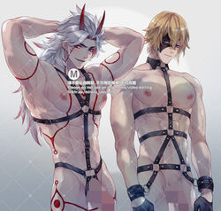 2boys abs arataki_itto big_chest bondage censored_penis cock_ring cuff_(restraint) dainsleif_(genshin_impact) garter_straps genshin_impact gloves half_mask long_hair looking_at_viewer male minoru_uwutemp nipple_piercing penis straps tattoo yaoi rating:Explicit score:138 user:lightning3120