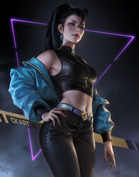 1girls bare_shoulders black_hair black_pants blue_earrings blue_eyes blue_jacket ck_art clothed earrings female female_only k/da_all_out_kai'sa k/da_all_out_series kai'sa league_of_legends riot_games tagme rating:Explicit score:215 user:TartraN