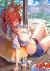 animal_ear_fluff animal_ears backyard breasts cleavage deck_(architecture) fate_(series) female food fox_ears fox_girl fox_tail garden groin highres iced_tea large_breasts midriff navel nipples no_bra oerba_yun_fang outdoors pink_hair popsicle popsicle_in_mouth see-through shirt short_shorts short_sleeves shorts solo stomach summer sweat t-shirt tail tamamo_no_mae_(fate) thermos thighs tree watermelon watermelon_slice white_shirt wisespeak yellow_eyes rating:Explicit score:150 user:DemonKitty15