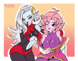 2d 2girls big_breasts black_eyes blue-skinned_female blue_skin bodysuit chronoa cleavage clothed dragon_ball dragon_ball_heroes dragon_ball_super dragon_ball_xenoverse dragon_ball_z earrings eyeshadow finger_on_lip hourglass_figure long_hair peabean pink-skinned_female pink_hair pink_skin short_hair tongue_out towa white_hair rating:Explicit score:120 user:reese66