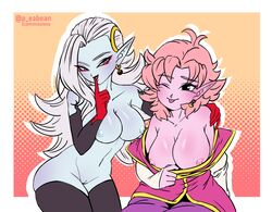 2d big_breasts blue-skinned_female blue_skin chronoa cleavage dragon_ball dragon_ball_heroes dragon_ball_super dragon_ball_xenoverse dragon_ball_z earrings exposed_breasts exposed_pussy eyeshadow finger_on_lip leggings peabean pink-skinned_female pink_skin potara_earrings tongue_out towa white_hair rating:Explicit score:184 user:reese66