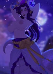 arms_behind_head arms_up autumn_ghost big_breasts blue_hair cassiopeia_du_couteau fangs flower_in_hair glowing_eyes hair_ornament lamia league_of_legends league_of_legends:_wild_rift long_hair looking_at_viewer monster_girl night open_mouth pose snake_girl solo spirit_blossom_cassiopeia spirit_blossom_series topless rating:Explicit score:175 user:AleFrye