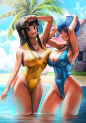 2girls 2milfs armpits arms_up asymmetrical_docking big_breasts black_hair blue_hair breast_press breasts bulma_briefs chichi clothing cloud dragon_ball dragon_ball_z elitenappa female female_only human kame_house looking_at_viewer milf milfs ocean one-piece_swimsuit outdoors outside sky smile sun swimsuit thick_thighs tree wide_hips rating:Questionable score:387 user:Rex_Hollins