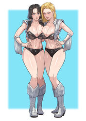 2girls android_18 big_breasts black_hair blonde_hair blue_eyes boots breasts cirenk dead_or_alive dragon_ball dragon_ball_z duo female female_focus female_only light-skinned_female light_skin shiny_skin standing thick_thighs tina_armstrong_(cosplay) videl rating:Explicit score:273 user:Thebuki