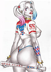 1girls ass baseball_bat batman_(series) big_ass big_breasts carlos_braga dc dc_comics dominant_female ed_benes_studio female female_only half-dressed half_naked half_shirt harley_quinn holding_baseball_bat looking_at_viewer looking_back multicolored_hair seductive_eyes seductive_smile solo solo_female suicide_squad thong tongue_out rating:Questionable score:105 user:Dragon98