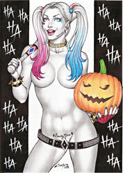 1girls 2016 baseball_bat batman_(series) big_breasts breasts carlos_braga crazy_eyes dc dc_comics dominant_male ed_benes_studio female female_only hair_covering_breasts hair_over_breasts halloween halloween_pumpkin harley_quinn jack-o'-lantern large_breasts looking_at_viewer multicolored_hair naked naked_female nude_female psychopath pubic_tattoo solo solo_female suicide_squad tattoo tattoo_above_pussy twintails rating:Explicit score:33 user:Dragon98