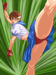 1girls brown_hair buruma clothing female female_only gloves headband kick kicking leg_up octavius_dp sakura_kasugano shirt skirt solo street_fighter thick_thighs rating:Questionable score:30 user:Rex_Hollins