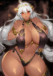 armlet blush breasts dark-skinned_female dark_elf dark_skin gurimjang huge_breasts long_hair navel nipple_bulge original plump pointy_ears red_eyes silver_hair smile solo thick_thighs thighhighs tiara very_long_hair wide_hips rating:Questionable score:133 user:Dic