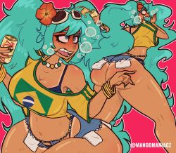  1girls ass ass beer beer_can big_ass big_breasts big_thighs bikini blush brazilian_miku breasts cyan_eyes cyan_hair drunk drunk_bubble female female_only gigantic_ass hatsune_miku huge_ass huge_breasts huge_thighs latin_american_hatsune_miku_(meme) long_hair mangomaniacz shirt shorts solo tagme tan tan_body thick_hips thick_thighs thighs thong twintails vocaloid yellow_shirt  rating:explicit score: user:bot