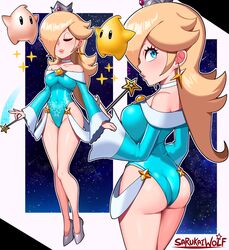 1girls alternate_costume ass back bare_chest bare_shoulders blonde_hair blue_eyes breasts choker crown earrings eyelashes eyeliner female female_only heels leotard lipstick long_hair long_sleeves looking_at_viewer looking_back luma makeup mario_(series) medium_breasts princess_rosalina sarukaiwolf sleeved_leotard solo strapless_leotard super_mario_galaxy thick_thighs wand rating:Questionable score:299 user:RatherNotSay