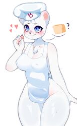 1girls :3 ? animal_ears anthro apron apron_only bear big_breasts bimbo_(bakery) bimbo_bear blue_eyes blush female fredek666 grupo_bimbo hat heart mole mole_on_thigh mole_under_eye naked_apron nipple_bulge nipples_visible_through_clothing partially_clothed smile solo standing thick_thighs thighs white_background white_fur rating:Explicit score:80 user:LukeSkyLuke