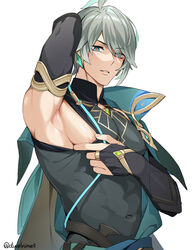 1boy alhaitham_(genshin_impact) arm_up armpit_fetish armpits bishonen blue_eyes bodysuit cloak duelnine0 earrings genshin_impact gloves gray_hair light-skinned_male male male_only ring solo_male rating:Questionable score:160 user:fuckyou67