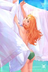 1girls ass big_ass brown_eyes bubble_butt curvy dat_ass female female_only green_panties laundry long_hair looking_at_viewer looking_back nami one_piece orange_hair panties post-timeskip sheets smile solo topless yellow70377686 rating:Questionable score:71 user:lespam_605