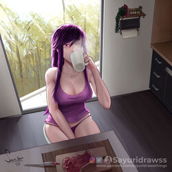 big_breasts breakfast cleavage drinking long_hair messy_hair morning no_pants purple_hair sayuri_(sayuridrawsthings) sayuridrawsthings skimpy_clothes sleepy solo_female solo_focus thick_thighs unintentional_exposure viewed_from_above rating:Explicit score:37 user:sayuridrawss