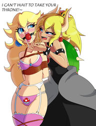 2girls arms_behind_back arms_tied_behind_back ball_gag black_dress blonde_hair blue_eyes bondage bound bound_arms bound_legs boundlightning bowsette bra breasts captured captured_heroine choker dialogue domination dress drooling earrings english_text enslaved_royal female female_only femdom femsub forced forced_presentation forced_submission forced_yuri gag gagged garter_belt hand_on_breast horns humiliation imminent_rape kidnapped lingerie long_hair mario_(series) medium_breasts new_super_mario_bros._u_deluxe nintendo panties pink_bra pink_lingerie pink_panties pink_thighhighs ponytail princess_peach prisoner red_ball_gag restrained rope rope_bondage scared spiked_choker super_crown super_mario_bros. surprised text thighhighs white_garter_belt worried yuri rating:Questionable score:161 user:gusat