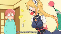 2girls arms_tied_behind_back ball_gag bell_collar blonde_hair bondage breasts collar corset dragon_girl dragon_tail gag gagged harness harness_ball_gag kobayashi maid maid_headdress maid_uniform medium_breasts miss_kobayashi's_dragon_maid pink_hair red_eyes short_hair tohru_(dragon_maid) twintails wossarem rating:Explicit score:57 user:gusat