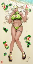 abs artist_request bare_arms bare_midriff beach buff camo_print cleavage cleavage_cutout dark-skinned_female dark_skin earrings fangs green_eyes gyaru hair_over_one_eye holding_object holding_popsicle lanyard large_breasts long_hair muscular muscular_female nail_polish navel on_back original popsicle ring sand sandals swimsuit tagme thigh_strap twintails water watermelon wavy_hair white_hair wrapper rating:Questionable score:36 user:CalZone