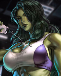 1girls artist_name big_breasts close-up clothed dandon_fuga female female_only fingerless_gloves fit fit_female gloves green_body green_eyes green_hair green_skin gym hulk_(series) long_hair looking_at_viewer marvel marvel_comics muscular muscular_female pouring_on_breasts pouring_on_self pouring_onto_self she-hulk solo solo_female sports_bra taller_girl thick_thighs thighs upper_body_focus water water_bottle wet workout_clothes rating:Questionable score:114 user:Crcole331