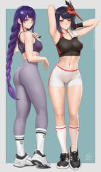 2girls ass blue_hair female genshin_impact gym_clothes hartman_hips knee_socks kneehighs kneesocks kujou_sara purple_hair raiden_shogun sciamano240 sneakers socks socks_over_yoga_pants sports_bra sweat sweating thighs towel white_socks wiping_sweat yoga_pants rating:Questionable score:488 user:Suddddzzzzzz