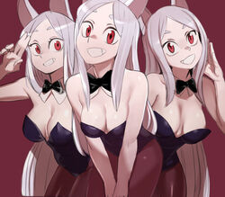 3girls big_breasts bowtie breasts bunnysuit cerberus_(helltaker) female female_only helltaker looking_at_viewer red_eyes sho-n-d silver_hair tagme rating:Explicit score:274 user:Rapattack12