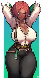 1girls arms_up arms_up_pose babo badge big_breasts blue_eyes bob_cut breasts buttoned_shirt child_bearing_hips cleavage cop curvaceous curves curvy curvy_body curvy_female curvy_hips dark-skinned_female dark_skin female female_only giovanna_(guilty_gear) guilty_gear guilty_gear_strive hips huge_breasts large_breasts police police_badge policewoman red_hair redhead revealing_clothes short_hair tagme thick thick_thighs thighs tight_clothing voluptuous voluptuous_female wide_hips rating:Safe score:293 user:Fumeknight1