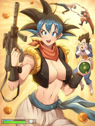 2022 2boys 2girls baggy_pants black_hair blue_eyes blue_hair breasts bulma_briefs character_in_background dragon_ball dragon_ball_super female fortnite fusion fusion_dance game_ui gun hips holding_object huge_breasts jammeryx light-skinned_female light_skin looking_at_viewer male male_saiyan no_bra saiyan sash scarf shocked_expression shounen_jump slim_waist smile son_goku spiky_hair two_tone_hair vegeta vest weapon wide_hips rating:Questionable score:182 user:WingGundam95