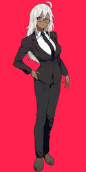 1girls big_breasts blouse braid braided_hair breasts business_suit dark-skinned_female dark_skin female female_focus female_only fully_clothed glasses hair_between_eyes hand_on_hip hi_res kusi_zaki long_hair long_sleeves looking_at_viewer looking_down original purple_eyes red_background round_glasses shirt tagme tall tie white_hair rating:Questionable score:35 user:CalZone