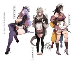 3girls adapted_costume alternate_costume apron bare_legs bare_thighs black_nails black_panties black_underwear breasts brown_eyes brown_hair camilla_(fire_emblem) cleavage corrin_(fire_emblem) corrin_(fire_emblem)_(female) detached_sleeves female female_only fire_emblem fire_emblem_fates fully_clothed garter_straps gloves hair_over_one_eye hairband high_heels highres horns huge_breasts inner_thighs kagero_(fire_emblem) knife large_breasts legs lipstick long_hair looking_at_viewer maid maid_apron maid_headdress makeup multiple_girls nail_polish nintendo panties pink_nails pointy_ears ponytail purple_eyes purple_hair red_eyes red_lips red_lipstick see-through smile thiccwithaq thick_thighs thighhighs thighs thong underwear very_long_hair wavy_hair weapon white_hair rating:Questionable score:189 user:kris923