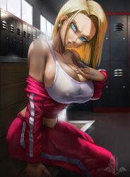 1girls android_18 big_breasts blonde_hair blue_eyes breasts busty cleavage clothing dragon_ball dragon_ball_super ear_piercing earrings elitenappa female female_only huge_breasts indoors jacket large_breasts locker locker_room looking_at_viewer nipple_bulge nipples nipples_visible_through_clothing pants piercing realistic shounen_jump sitting solo tank_top track_jacket track_pants track_suit rating:Explicit score:337 user:Rex_Hollins