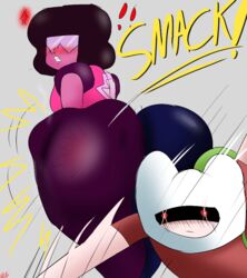 1boy 1girls adventure_time ass ass_slap backpack bag big_ass blaze_(artist) blush clothing crossover female finn_the_human garnet_(steven_universe) headwear human meme multiversus pale_skin secretly_loves_it spanking steven_universe thick_thighs rating:Questionable score:85 user:Grul