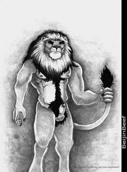  1boy anthro balls barbs beijinbeef feline fur furry lion male male_only monochrome muscles nude original original_character penis sheath sketch solo tail  rating:explicit score: user:bot