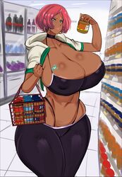 1girls 2020s 2022 blue_eyes cameltoe choker cleavage dark-skinned_female dark_skin erovsaaaka g-string g-string_only giovanna_(guilty_gear) grocery_store guilty_gear guilty_gear_strive hoop_earrings hourglass_figure huge_breasts large_breasts nipple_bulge red_hair shopping shopping_basket short_hair thick_lips thin_waist rating:Questionable score:342 user:sh1ggy-diggy