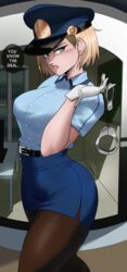 1girls 2022 android_18 android_girl blonde_hair blue_eyes breasts dialogue dragon_ball dragon_ball_super dragon_ball_z echosaber english_text female hi_res hips krillin kuririn large_breasts police_uniform policewoman short_hair shounen_jump slim_waist text thick_thighs thighs wide_hips rating:Explicit score:359 user:WingGundam95