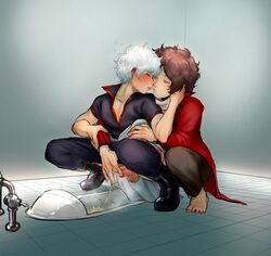 2boys alternate_version_available arm_grab barefoot bathroom bathroom_stall blush brown_hair curly_hair drunk erection from_behind gay gintama gintoki_sakata japanese_clothes licking male male_only mostly_clothed niichan omorashi peeing penis penis_out public_restroom sakamoto_tatsuma silver_hair small_penis squat_toilet squatting steam sweat toilet toilet_stall touching_penis uncensored urination urine waist_grab yaoi rating:Explicit score:21 user:deleted101928