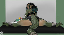 1girls 3_toes anthro back_view betty_the_komodo_dragon big_ass black_betty_(meme) black_hair black_sclera bubble_butt buwaya_(perrincatte) crocodile crocodilian dreadlocks eymbee female female_only green_body green_lipstick hair_rings hi_res huge_ass long_hair looking_at_viewer looking_back looking_back_at_viewer meme pointy_ears reptile solo splits tail thick_thighs yellow_eyes rating:Questionable score:101 user:Bruhfuck69